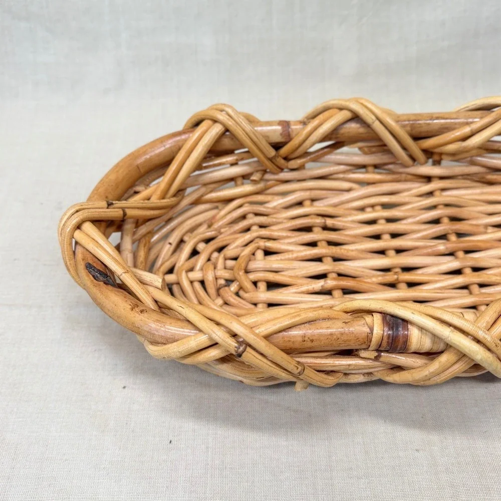 Vintage Natural Woven Rattan Wicker Oval Bread Fruit Basket Tray Co Decorn